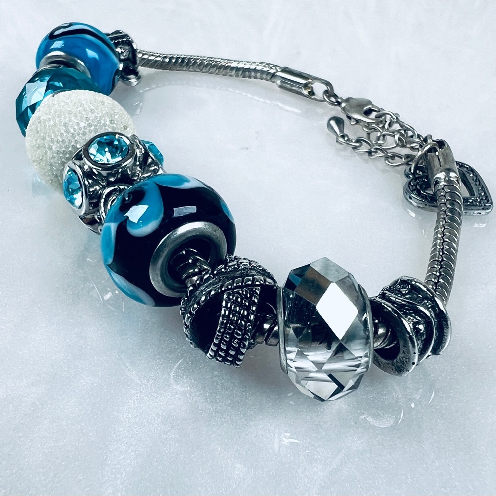 Pretty Aged Silvertone Blue Multi Charm Beaded Br… - image 6